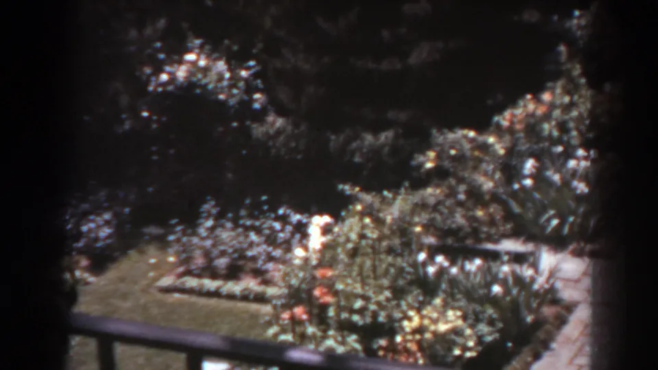 Wider 1938 West Virginia garden view showing flower beds, shrubs, lawn, and a wooden railing in sunlit 8mm footage.