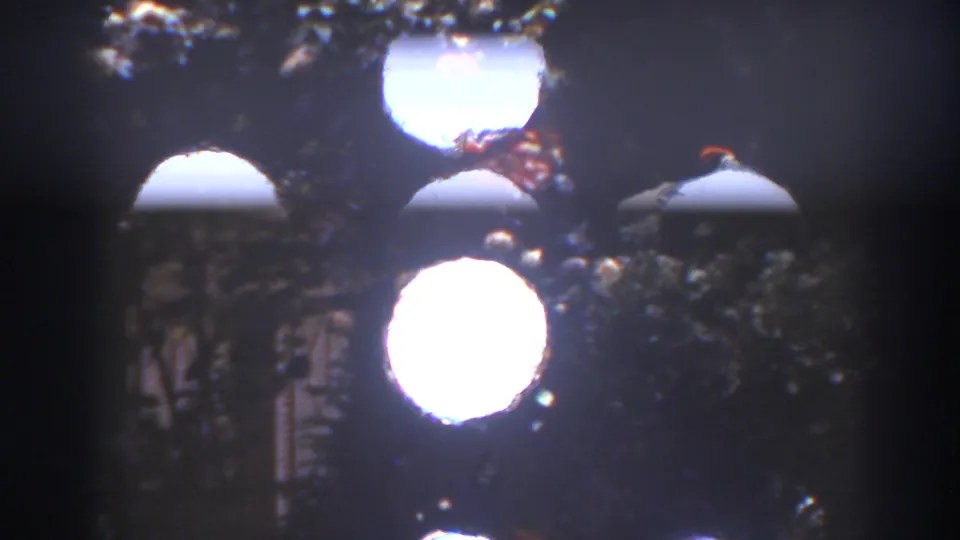 Bright round lights bloom through dark foliage in this 1938 West Virginia 8mm frame, creating an abstract nighttime garden view.