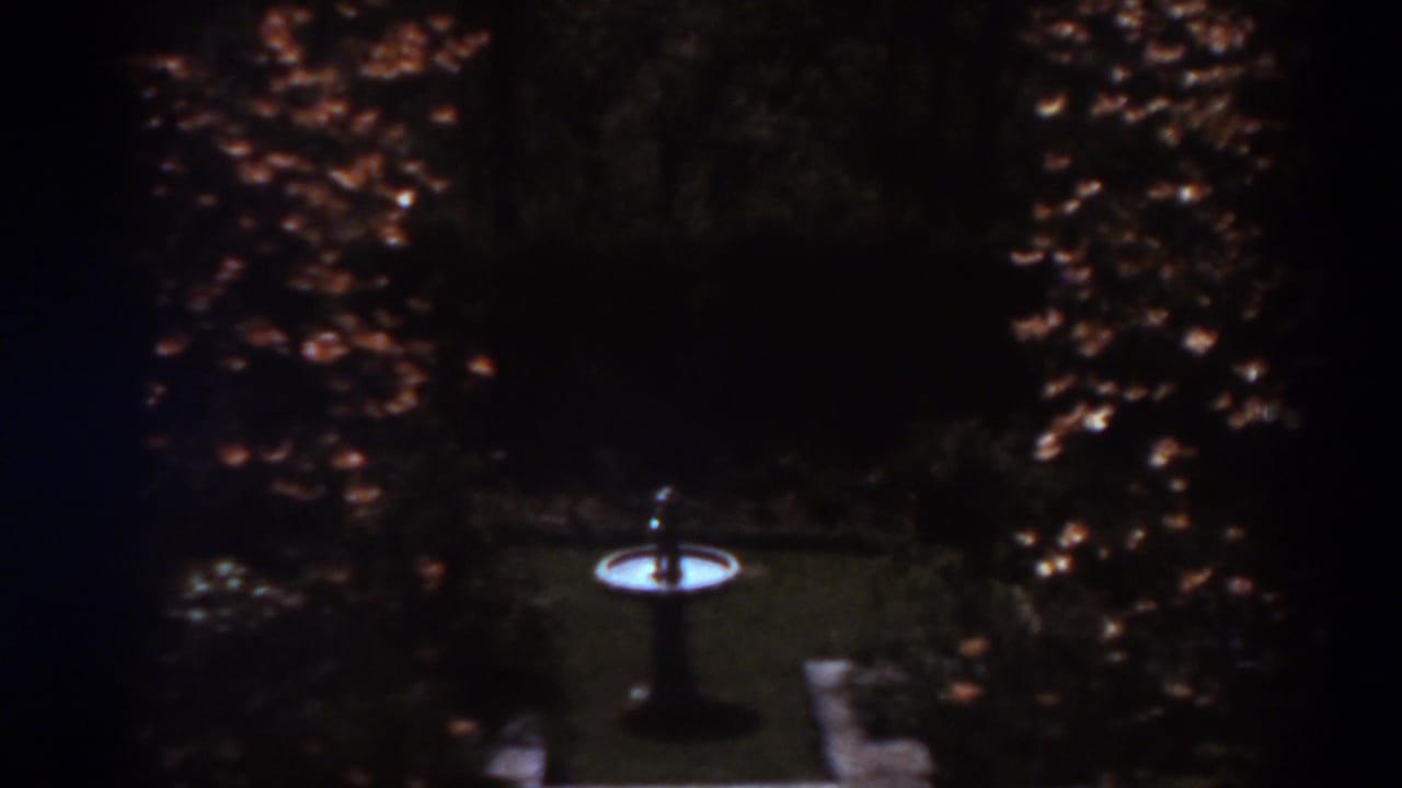 Pedestal birdbath on mowed grass beside dark trees and autumn leaves.