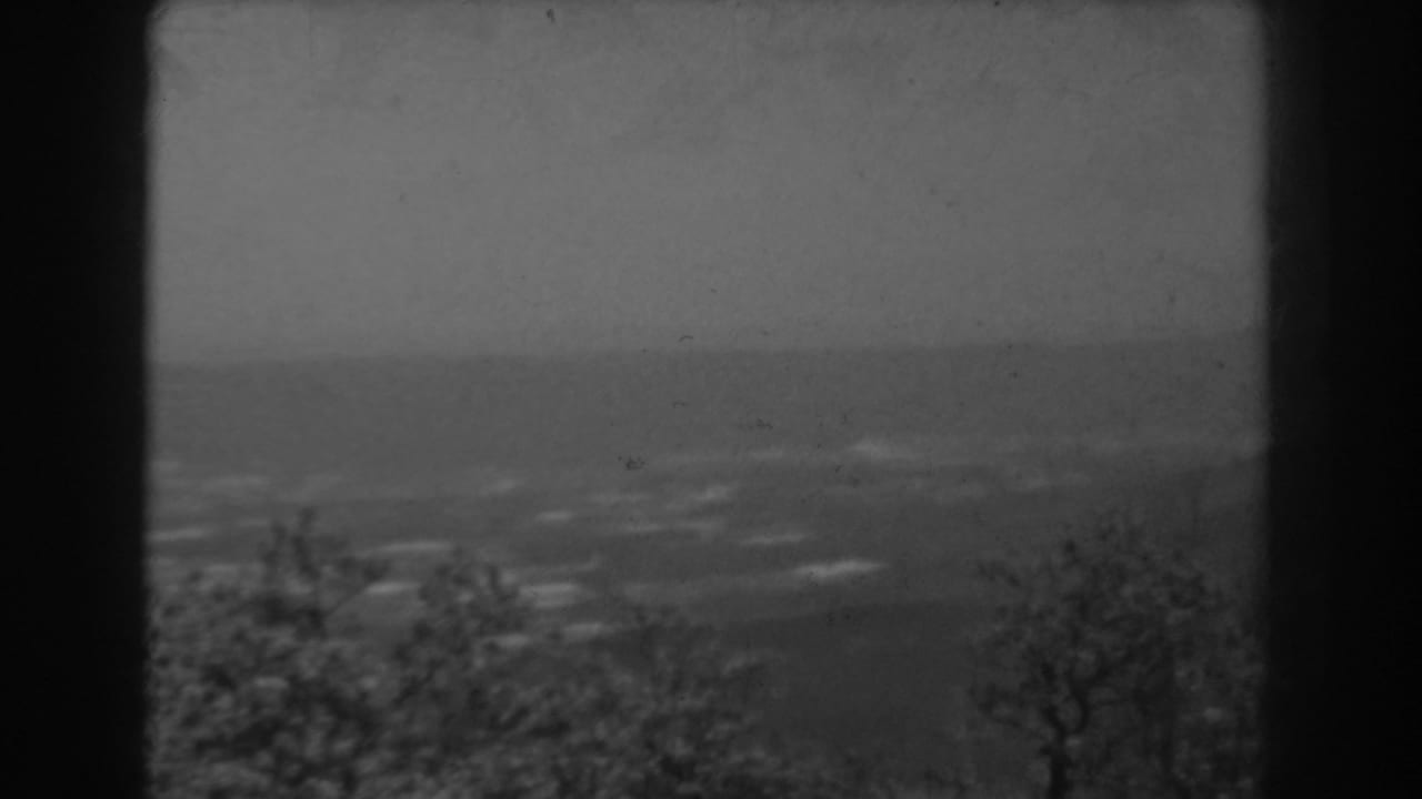 A 1938 West Virginia valley scene on 8mm film, with foreground trees below a hazy horizon and dark window borders.