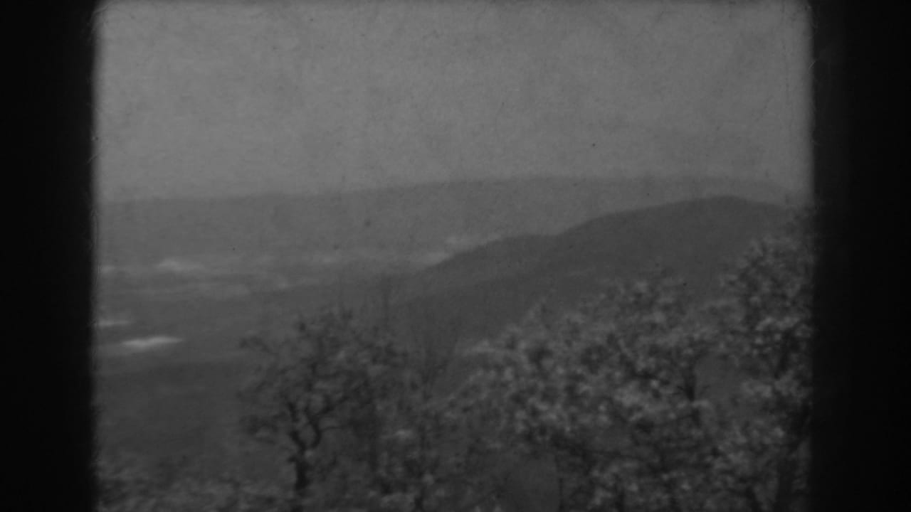 1938 West Virginia 8mm frame showing a soft-focus foggy valley, wooded foreground, distant hills, and a dark central film divider.