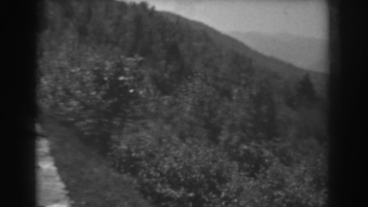 1938 West Virginia frame showing dense roadside brush, a forested slope, and layered hills in soft distance.