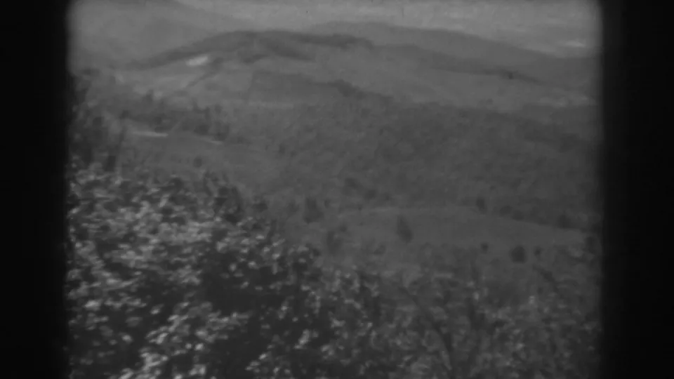 1938 home-movie frame of a rural West Virginia hillside view, with foliage at the lower edge and ridges beyond.