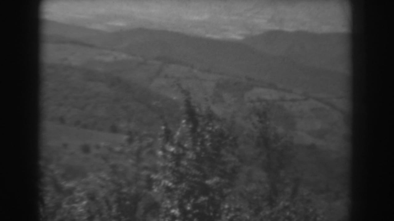 1938 West Virginia 8mm view across layered rural hills, with tree tops in the lower frame and a soft sky above.