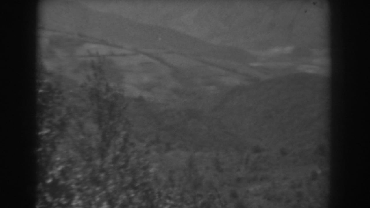 1938 West Virginia 8mm frame showing rural hills and fields with blurred foreground vegetation and visible film borders.