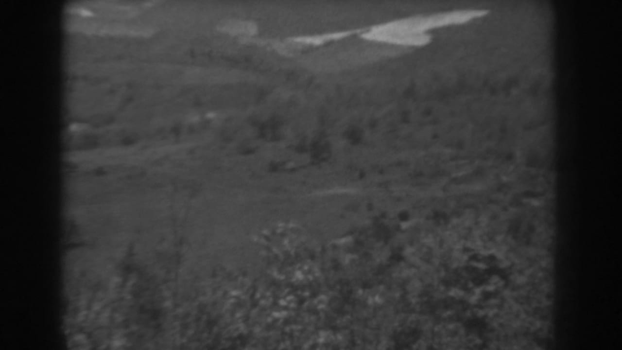 1938 West Virginia 8mm frame with grass, brush, distant hills, and a pale diagonal strip or exposure mark across the midground.