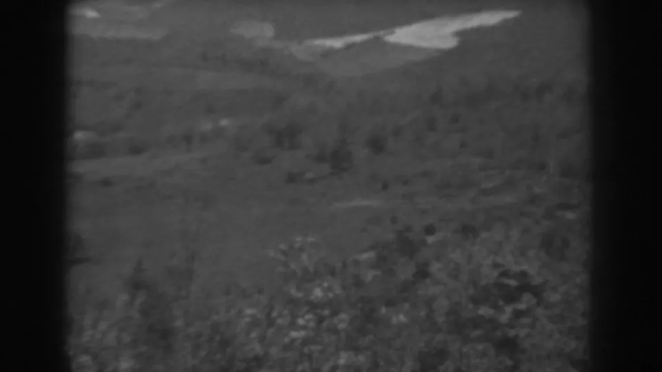 1938 West Virginia 8mm frame with grass, brush, distant hills, and a pale diagonal strip or exposure mark across the midground.