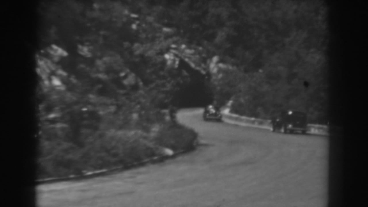 Two cars on a curving wooded road near a dark tunnel entrance.