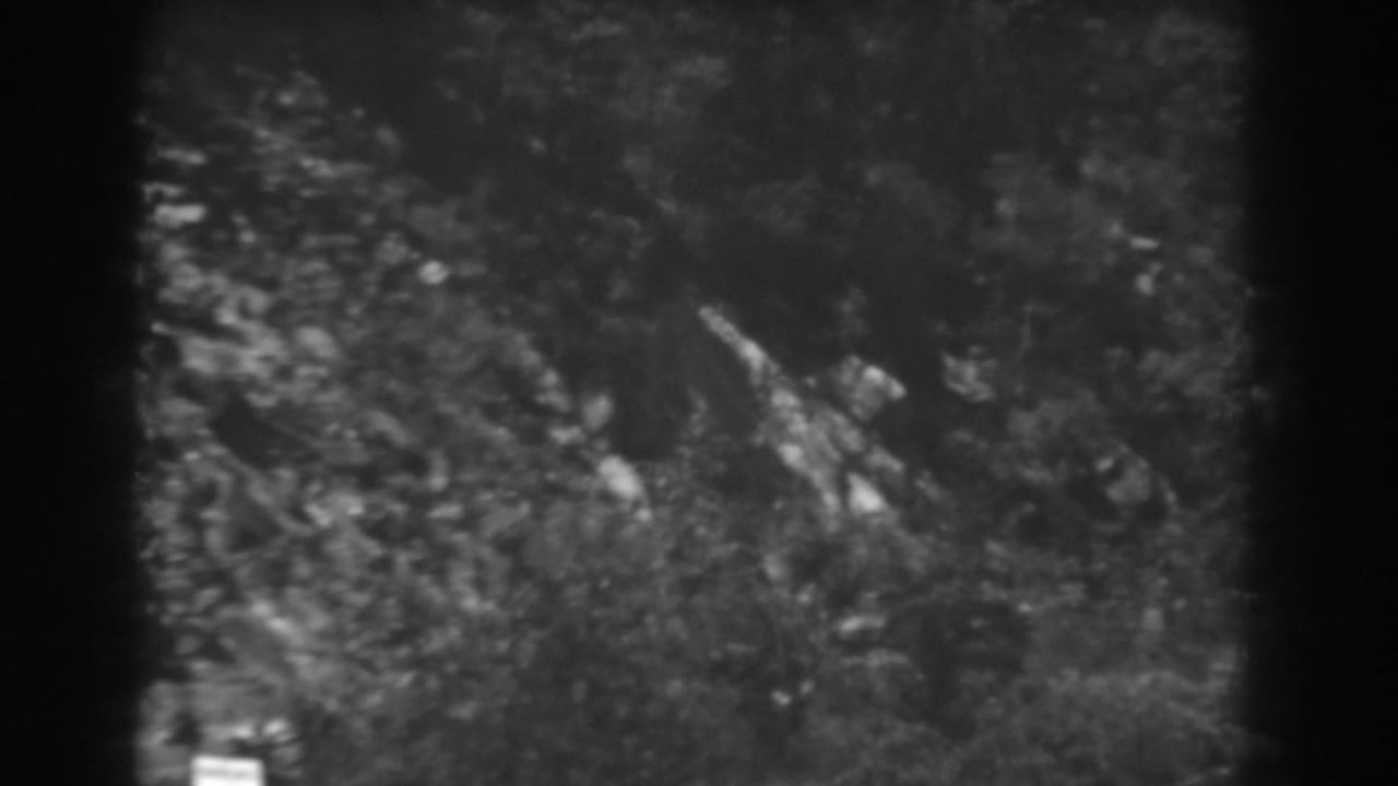 1938 West Virginia home-movie frame showing rough rocks, scrub vegetation, and dark film-edge borders.