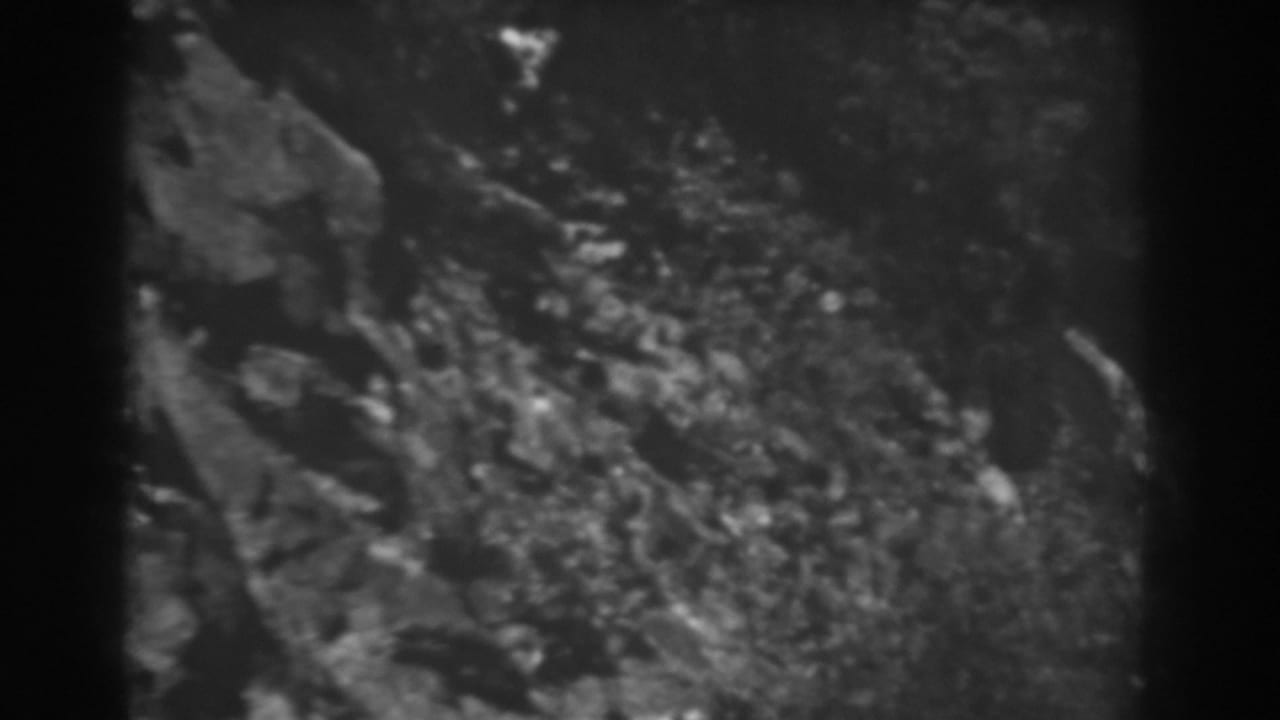 1938 West Virginia landscape frame with jagged rocks, sparse plants, and soft black-and-white 8mm texture.