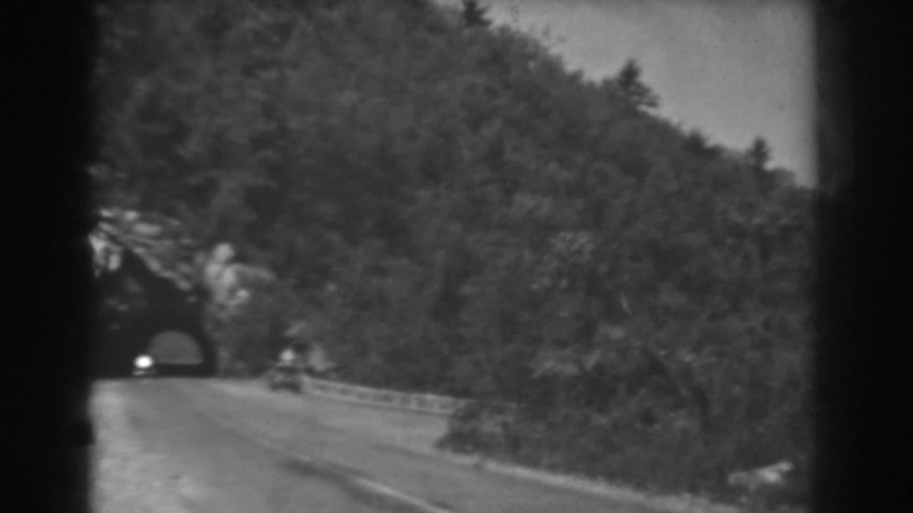 Small car near a tunnel entrance on a curving forest road.