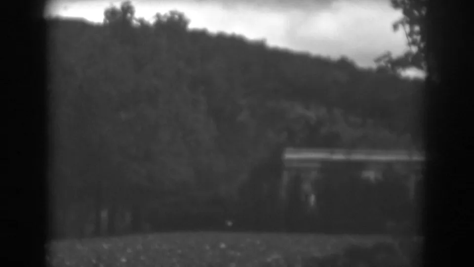 1938 black-and-white home-movie frame showing a wooded slope, foreground clearing, and a low building partly hidden among trees.