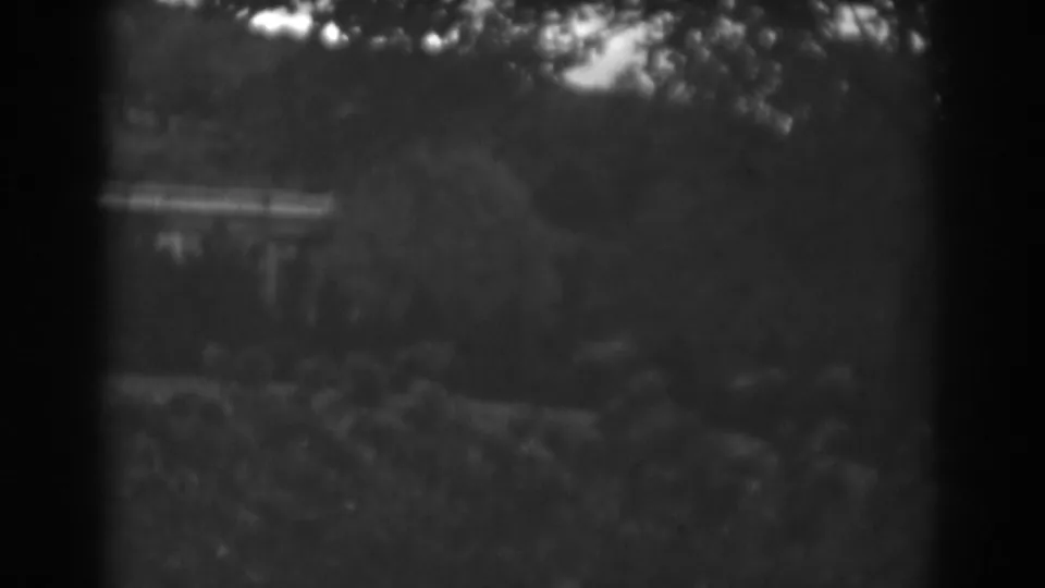 Final 8mm frame near Winchester, Maryland, with the structure fading into shadowed shrubs, overhanging trees, and a wooded hillside.