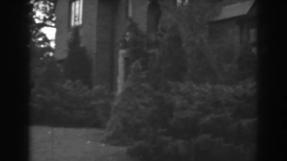 1938 Winchester, Maryland frame with a stately house facade, tall window, and dense evergreens seen through a shadowed opening.