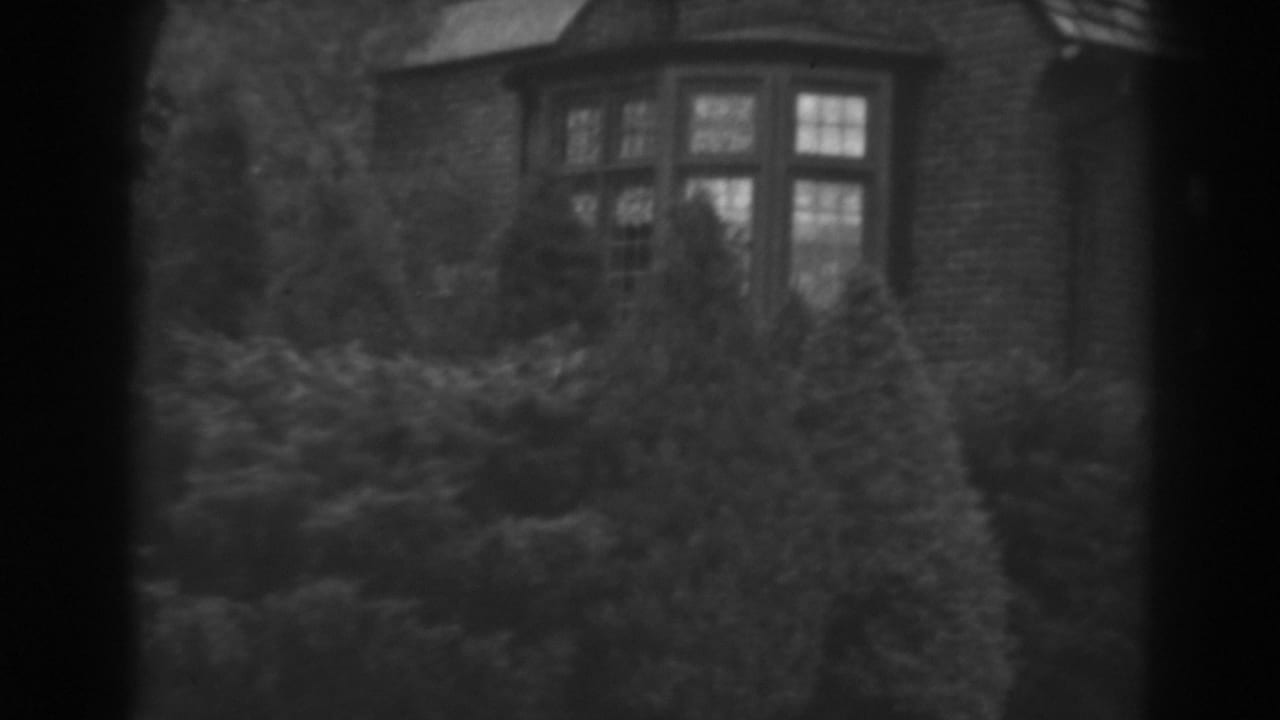 Shrubs and a brick house facade with bay windows, framed by dark film edges.