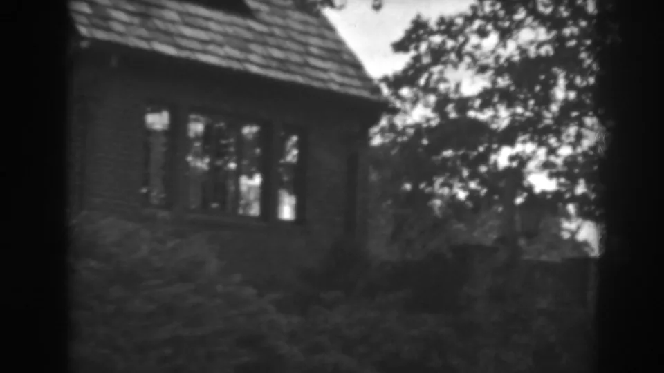 1938 Winchester, Maryland frame with the brick house partly obscured by shrubs and tree branches beside the windows.