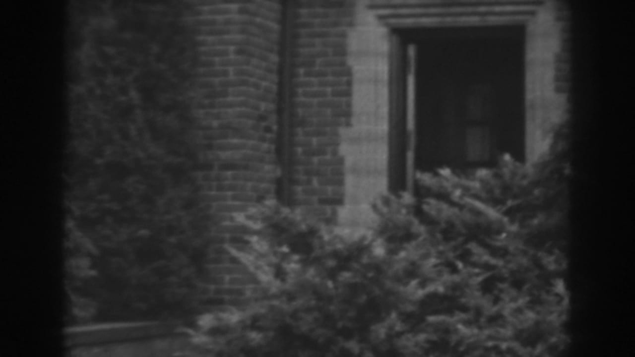 1938 Winchester, Maryland exterior detail with a stone-framed doorway or window set in brickwork behind thick bushes.