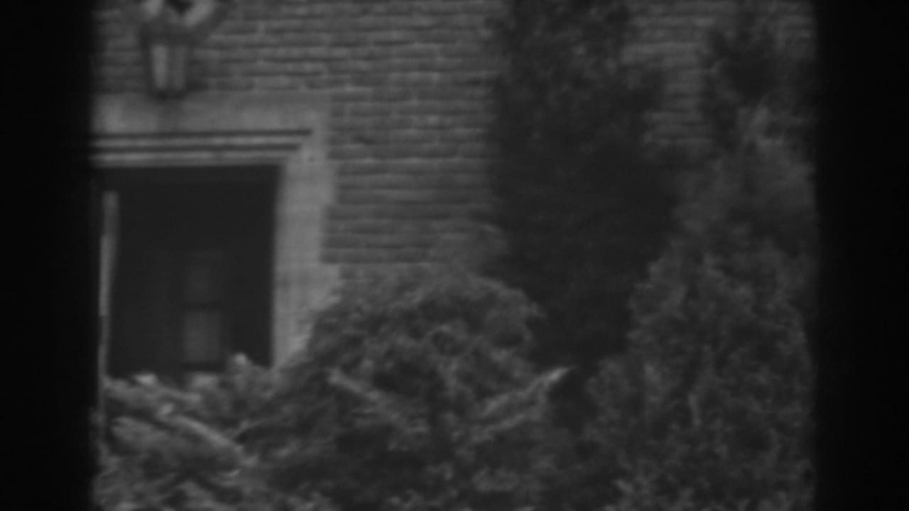 The camera holds on the brick house exterior, with a shadowed doorway, stone trim, shrubs, and dark vertical edges from the 8mm frame.