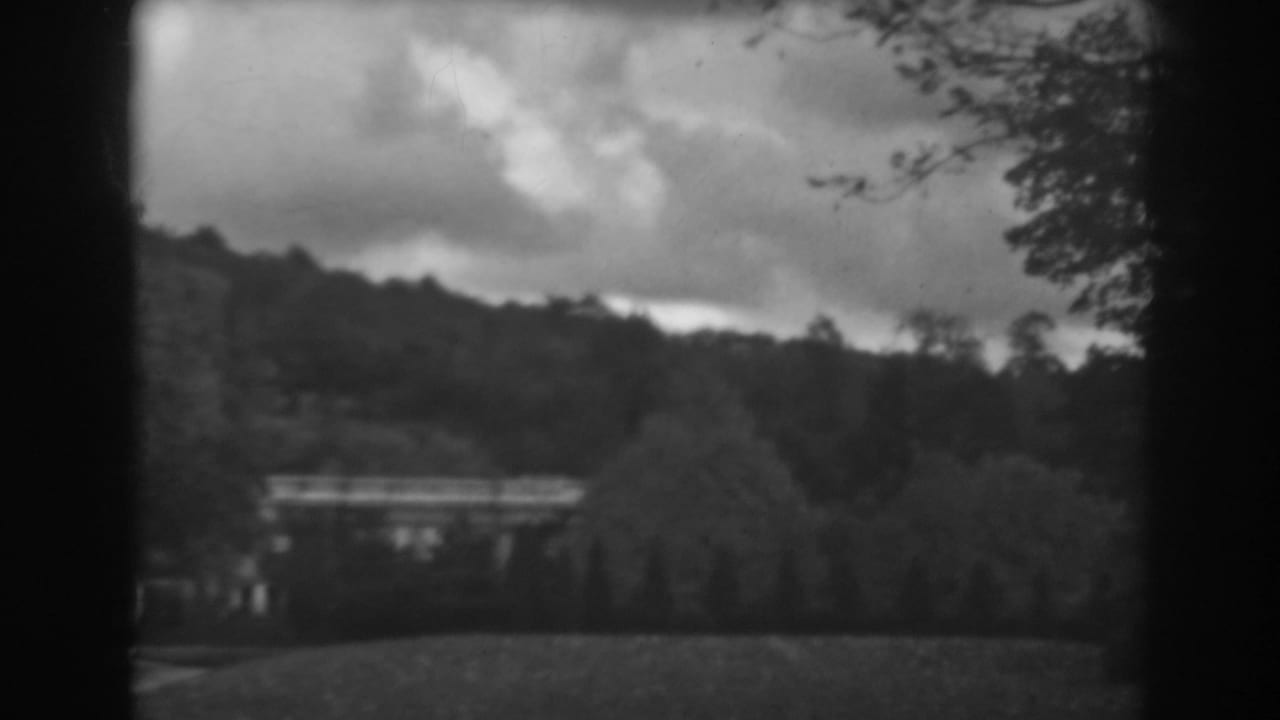 Cloudy hillside landscape with trees, lawn, and a distant light-toned structure.