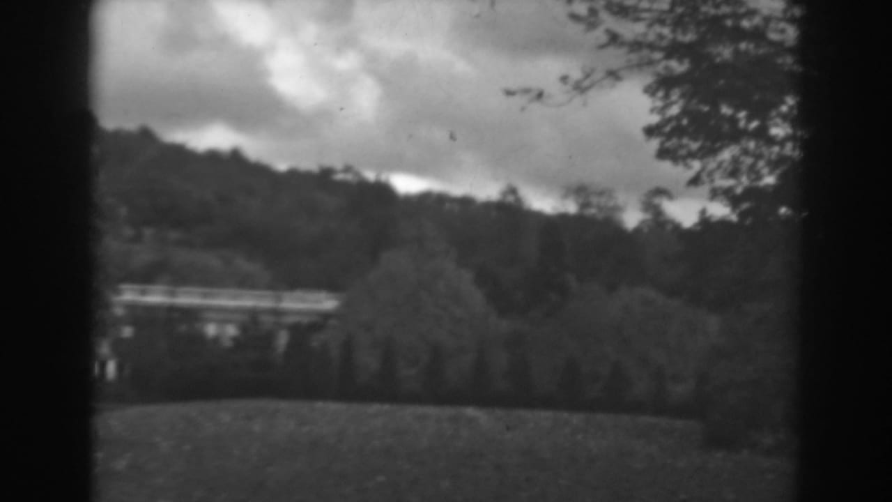 Cloudy hillside landscape with trees, grass, and dark 8mm frame edges.