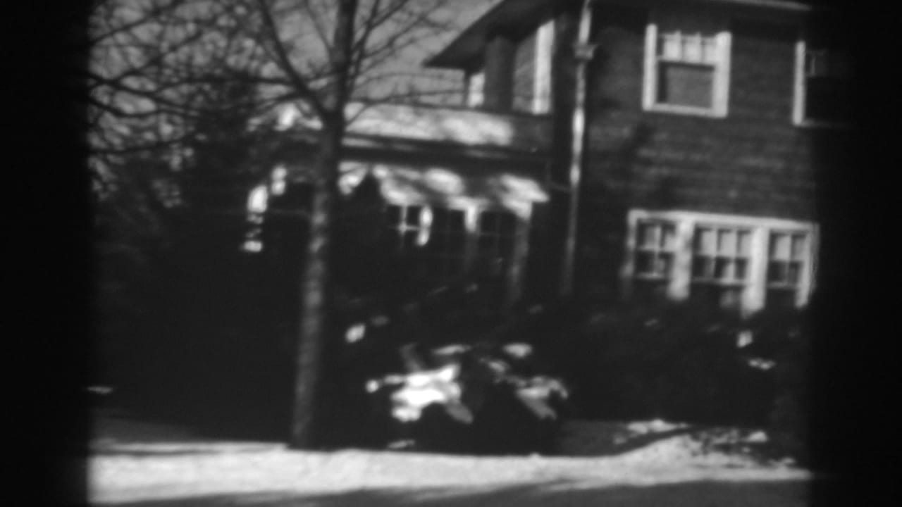 Brick house facade with windows, bare trees, shrubs, and a car along the street.