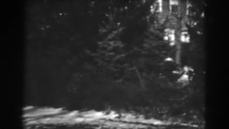 Black-and-white 8mm frame from Winchester, Maryland, with evergreen branches and a distant building partly visible through the trees.