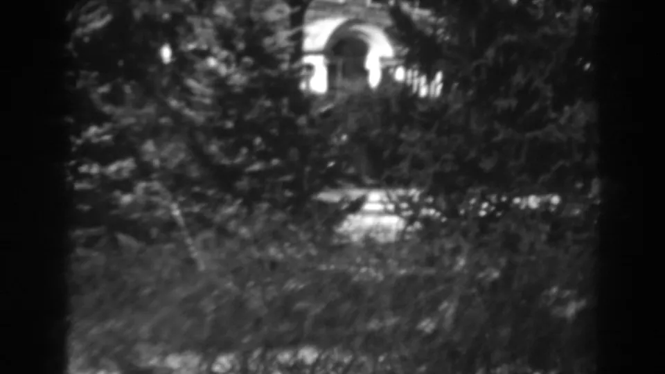 Soft black-and-white 8mm frame of snowy landscaped grounds, with evergreens and shrubs before a distant arched structure.