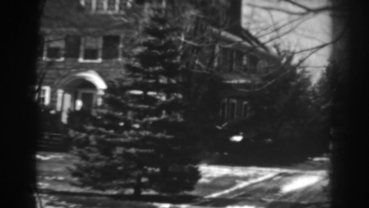 Front of a brick house with arched doorway, evergreens, and snowy ground.
