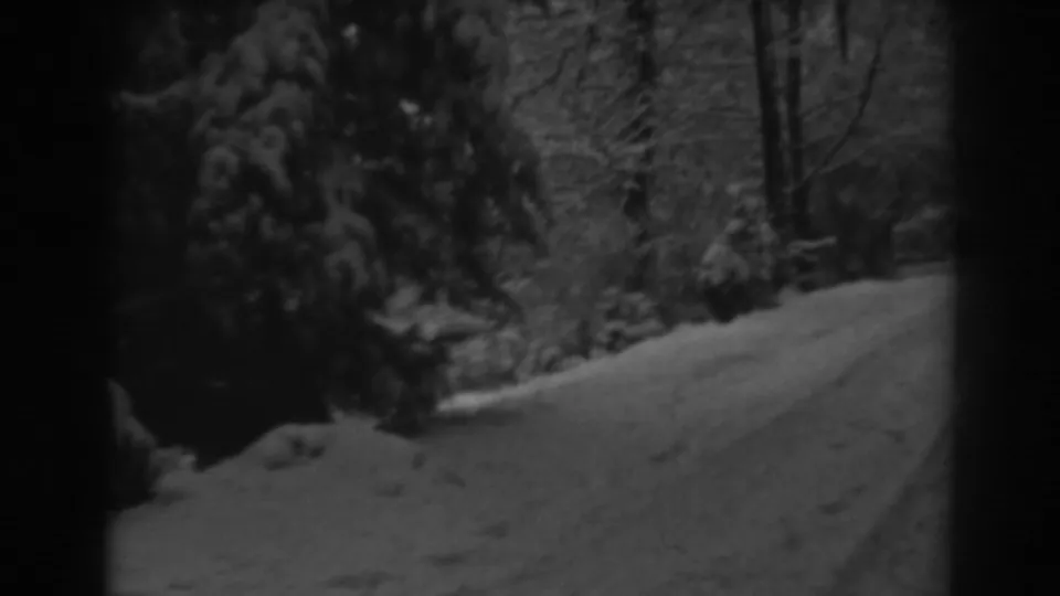 A grainy 8mm frame shows the rural snowy road curving past trees near Winchester, Maryland.