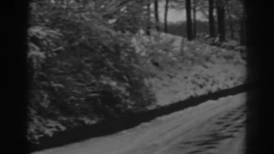 Snowy roadside brush and a slushy road edge appear in this 1938 Winchester, Maryland 8mm frame.