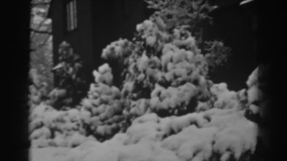 1938 home-movie frame of a snow-loaded evergreen shrub in front of a dark residential exterior in Winchester, Maryland.