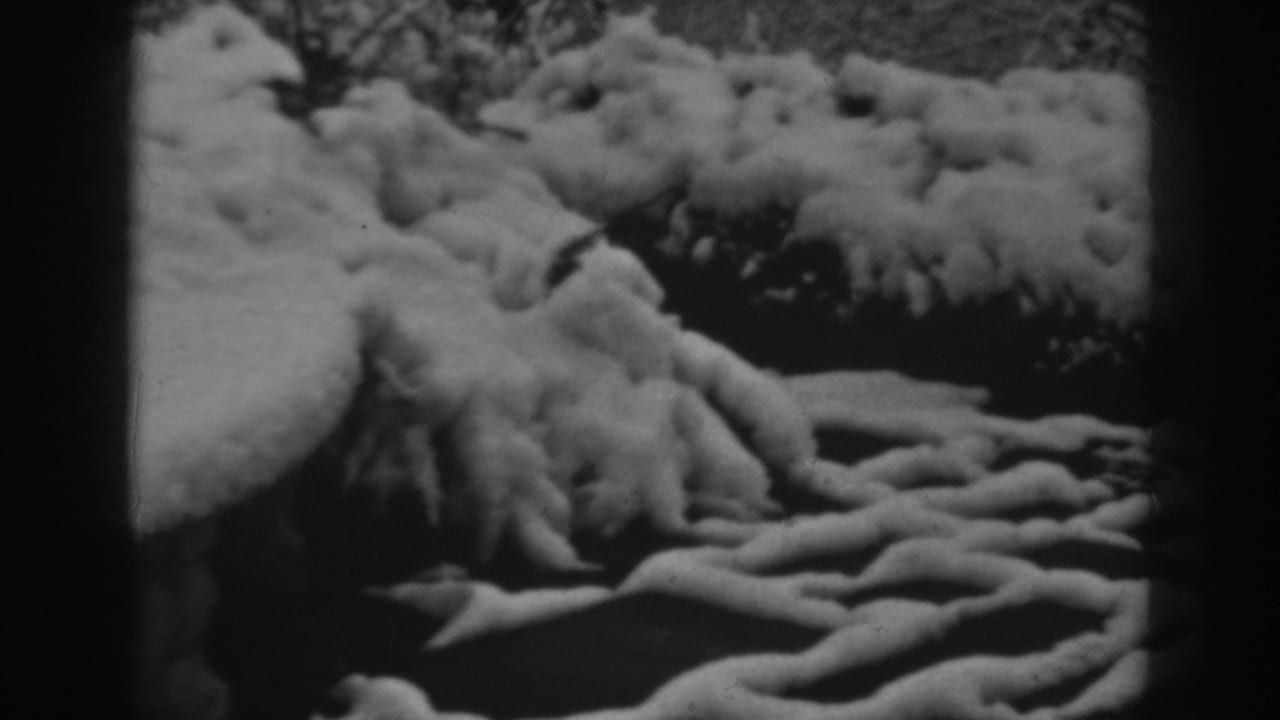 1938 Winchester, Maryland home-movie frame with snow piled over roots, shrubs, and uneven ground in black-and-white 8mm texture.