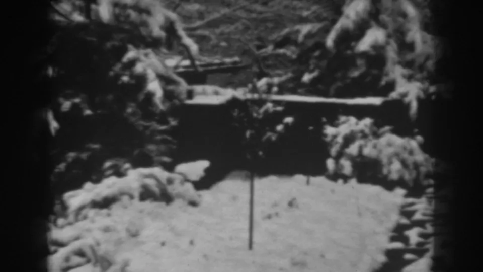 Black-and-white 1938 8mm frame from Winchester, Maryland showing a snowy path or yard beneath evergreens and a low wall.