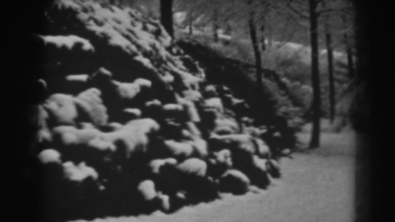 Snow-covered rocks beside a wooded path with bare trees in black-and-white film.