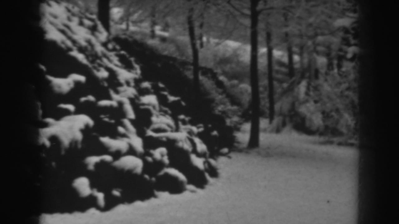 Black-and-white 8mm view of a snowy path and rock-covered slope in Winchester, Maryland, 1938.