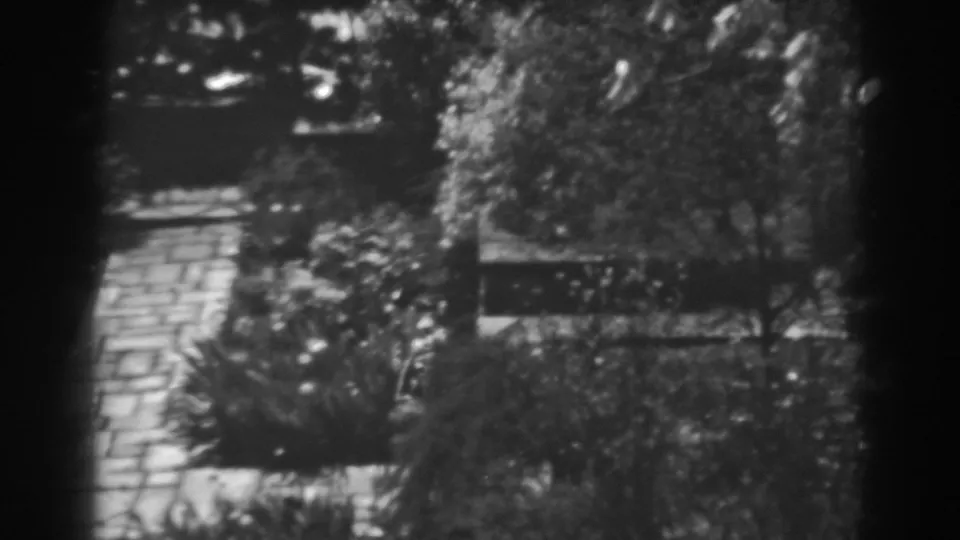 A 1938 home-movie frame shows the yard's stone paving and garden beds partly obscured by trees and film-frame shadow.