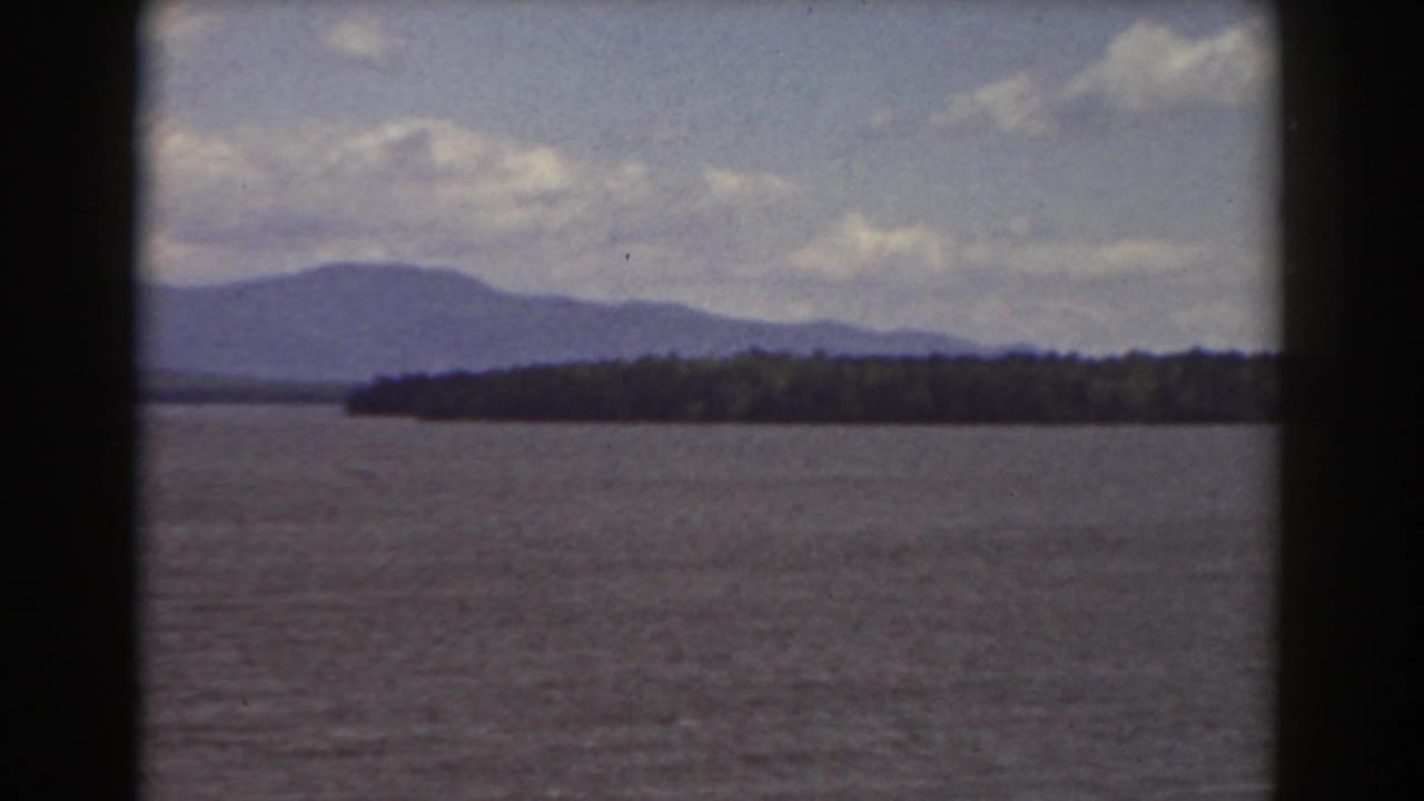 Blue-gray water with a tree-lined shore and distant mountains under a cloudy sky.