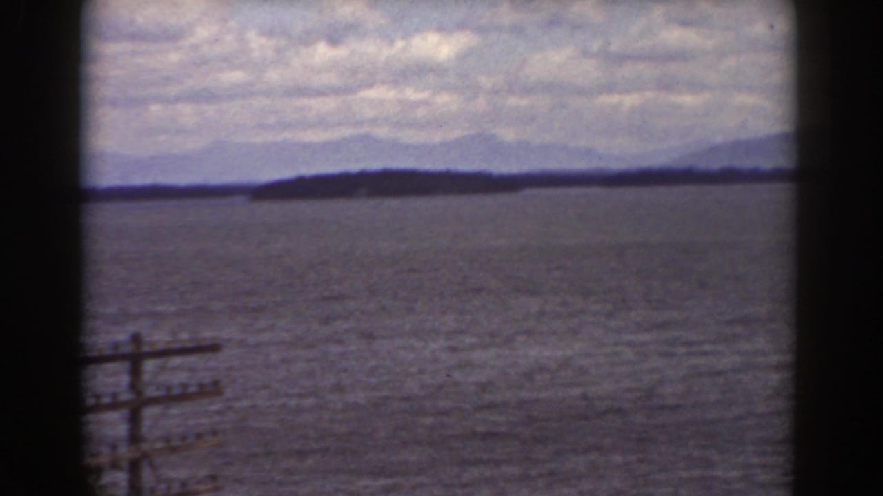 Lake, distant wooded shore, mountains, cloudy sky, and a utility pole in the foreground.