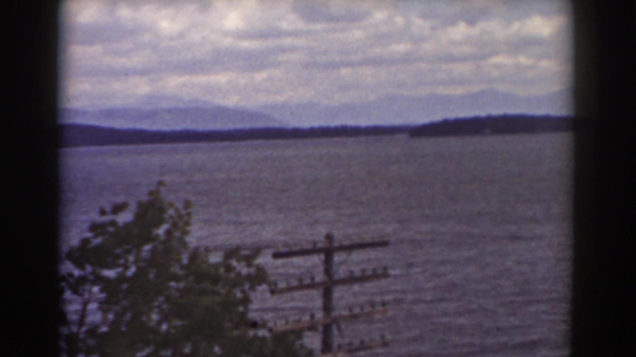 Cloudy view over water with distant hills, a leafy tree, utility pole, and dark window trim.