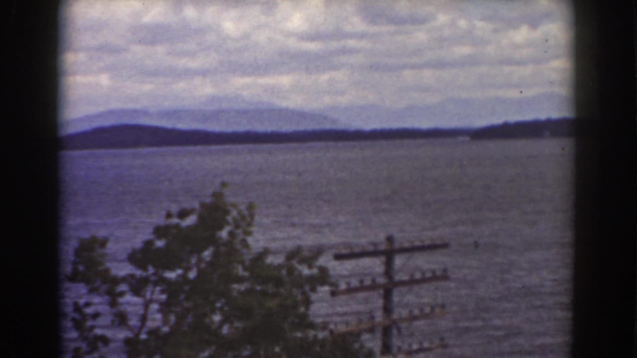 Water and distant hills under clouds, with foreground leaves, a utility pole, and dark frame edges.