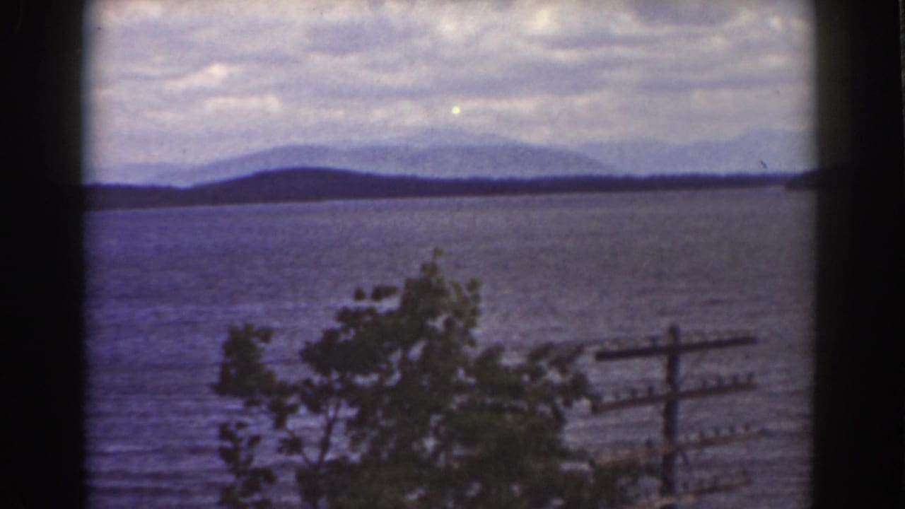 1939 Mount Washington area view across a broad body of water toward hazy hills, partly obscured by tree foliage and a utility pole.