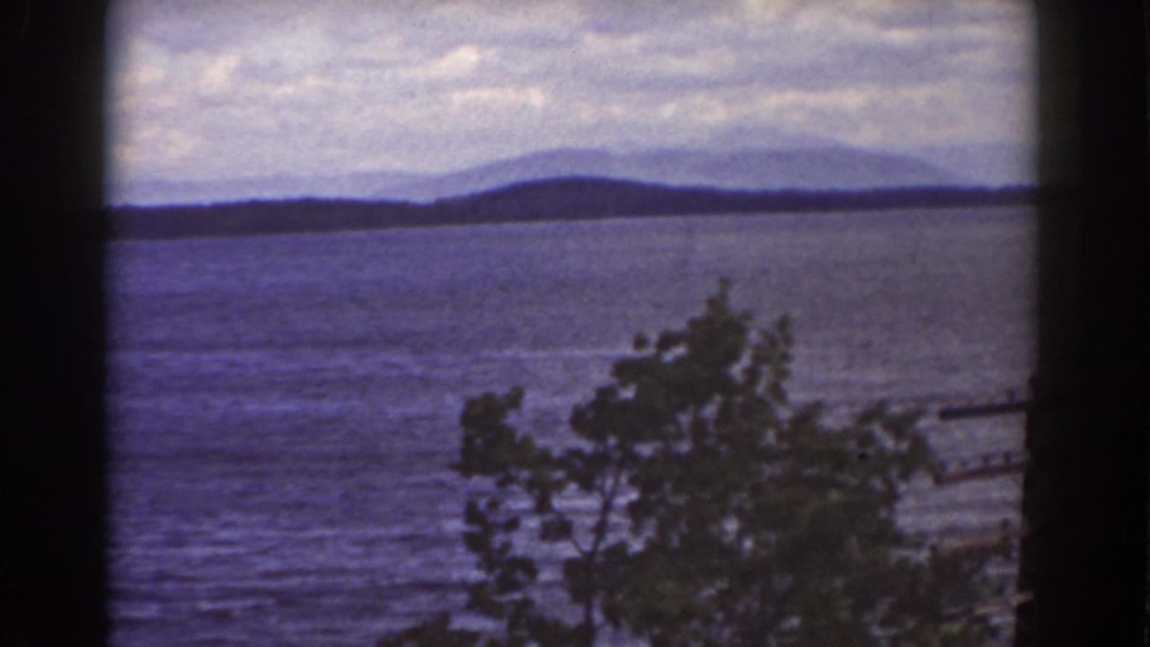 1939 home-movie frame from Mount Washington looking over water toward distant hills, with purple-blue color shift and foreground foliage.