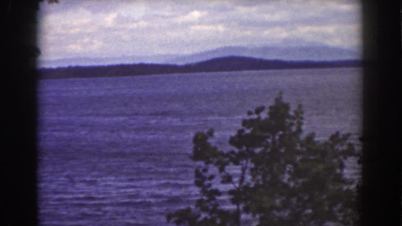 Blue lake water with distant hills and dark tree silhouettes at the frame edges.