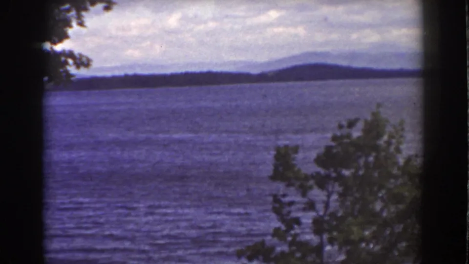 1939 New Hampshire lake panorama with blue water, a distant forested ridge, and leafy foreground branches on the right.