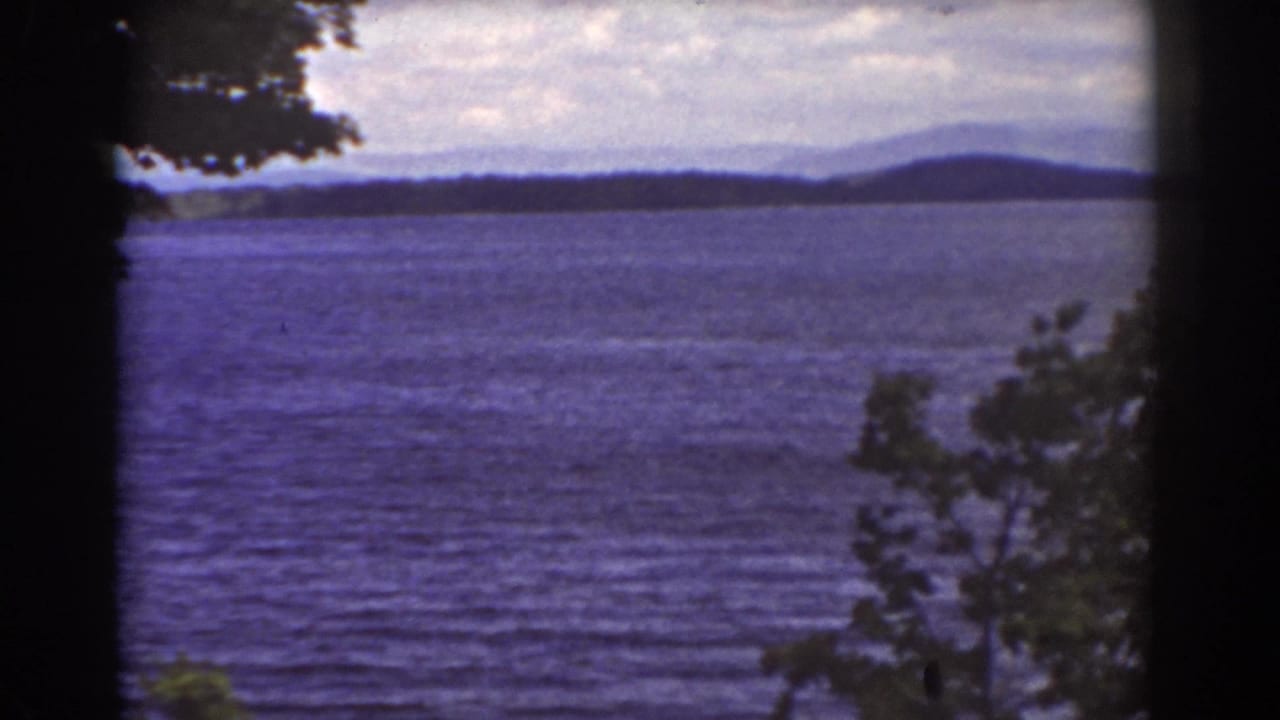Mount Washington-area home-movie frame showing a blue lake, distant hills, and foreground tree branches during a slow pan.