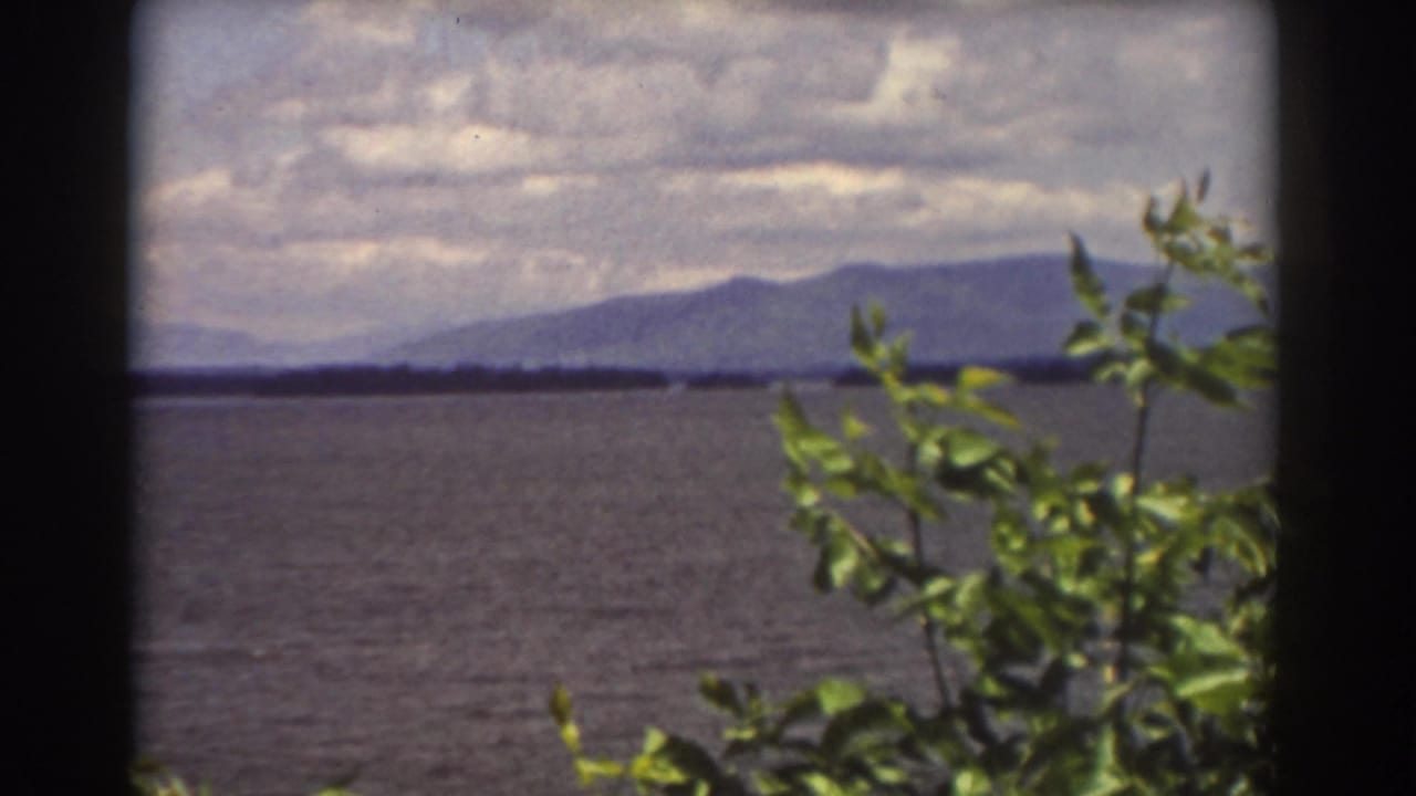 1939 8mm view near Mount Washington showing a lake, distant mountain ridge, cloudy sky, and leafy branches in the foreground.