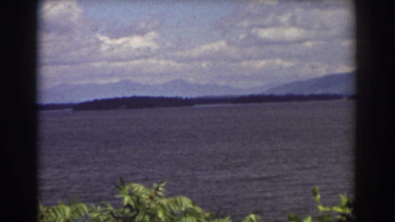 Lake with distant wooded hills, hazy mountains, cloudy sky, and foreground foliage.