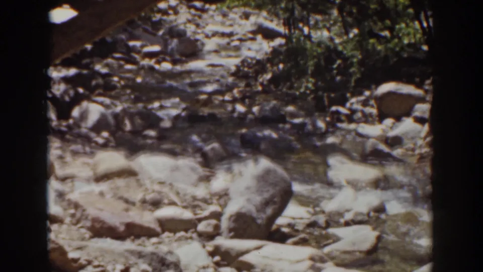 A 1939 Mount Washington home-movie frame shows a shallow rocky stream bordered by trees and sunlit stones.