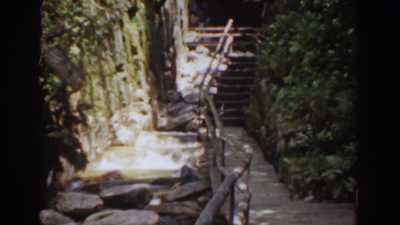 The final still shows a maintained path, wooden-railed steps, and bright rock surfaces within a leafy Mount Washington setting.