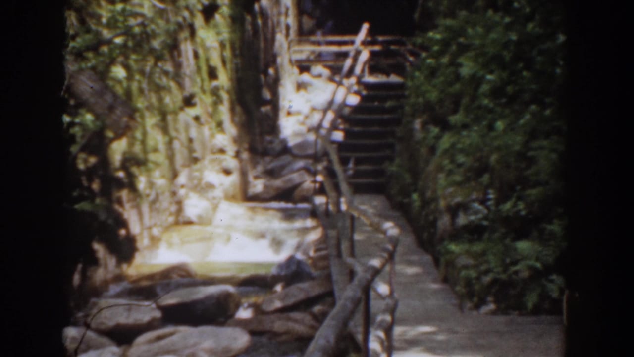 Sunlit stone walkway with wooden railing, rocks, trees, and steps in a narrow natural passage.